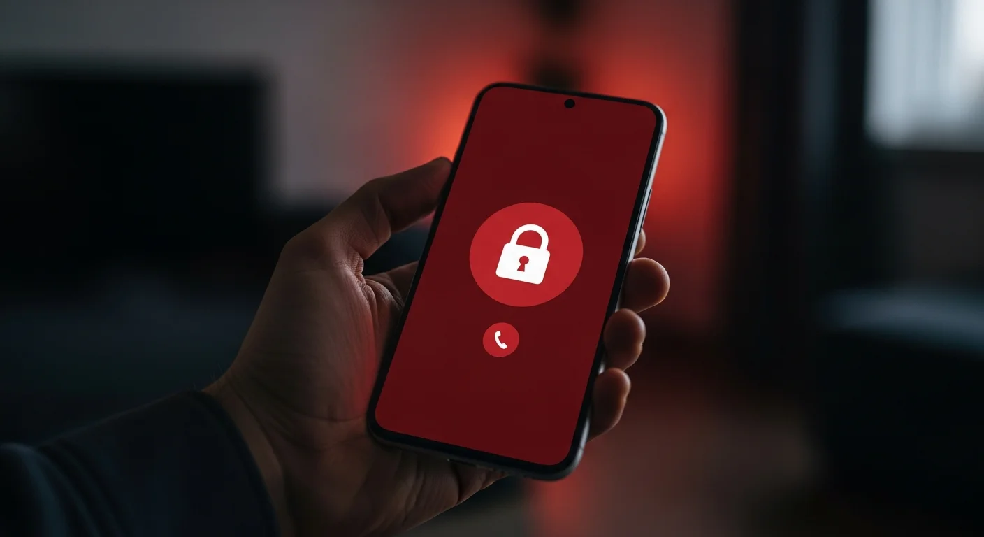 Main tenant un smartphone affichant une icone de cadenas pour un appel masque