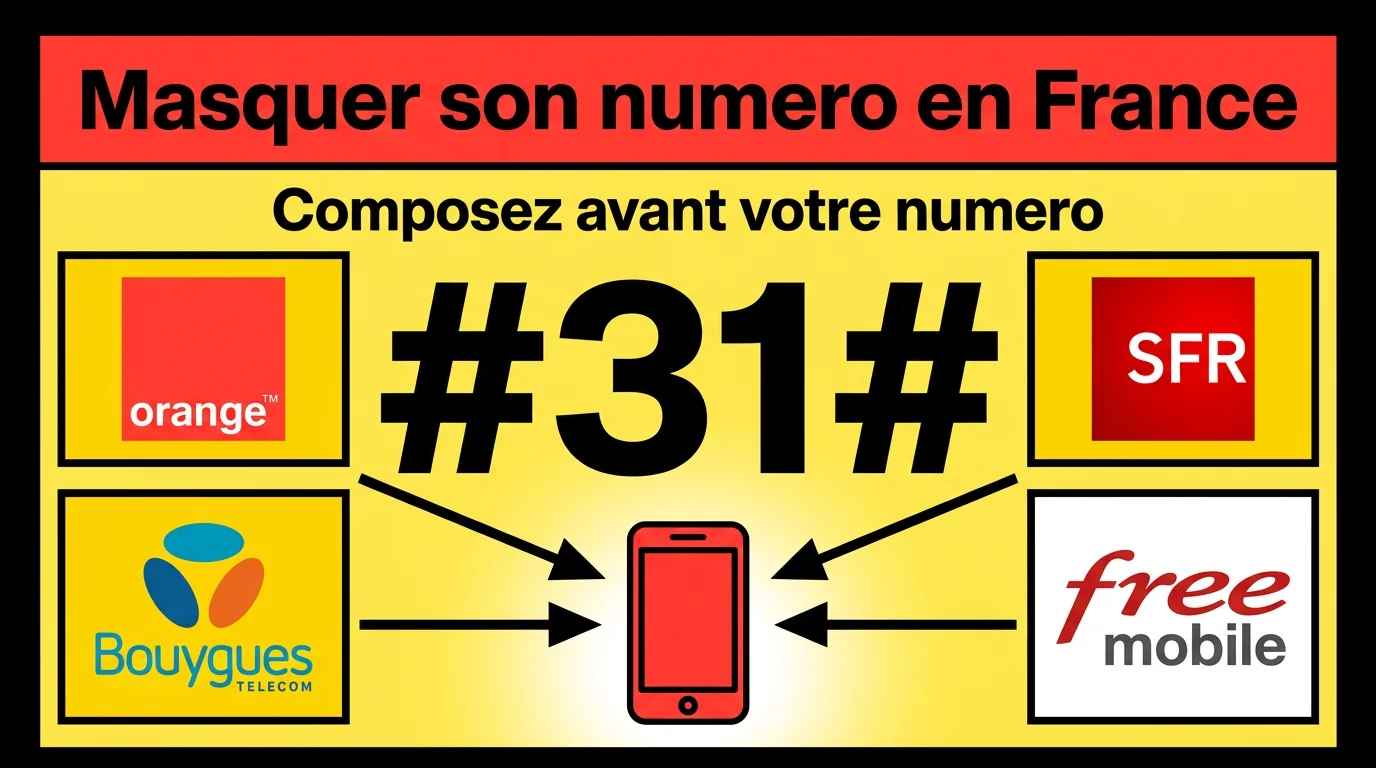 Infographie code #31# pour masquer son numéro avec les 4 opérateurs français