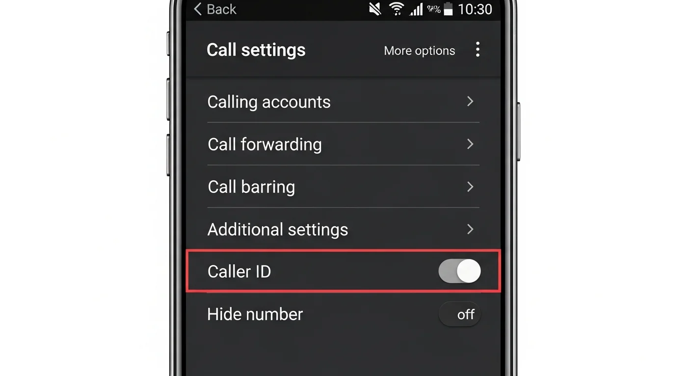 Écran Android affichant les paramètres d'appel avec l'option pour masquer le numéro