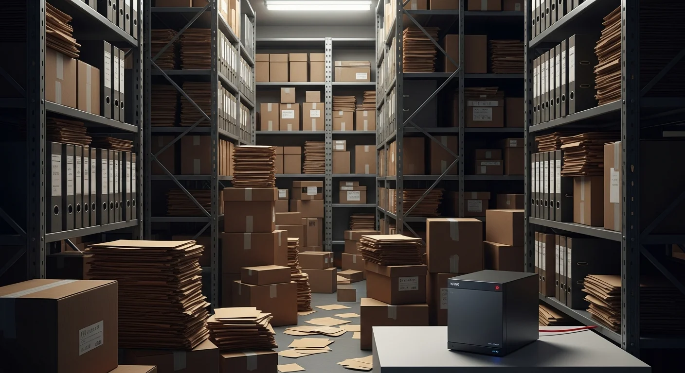Salle d'archives physiques encombrée de dossiers papier avec un serveur NAS compact au premier plan
