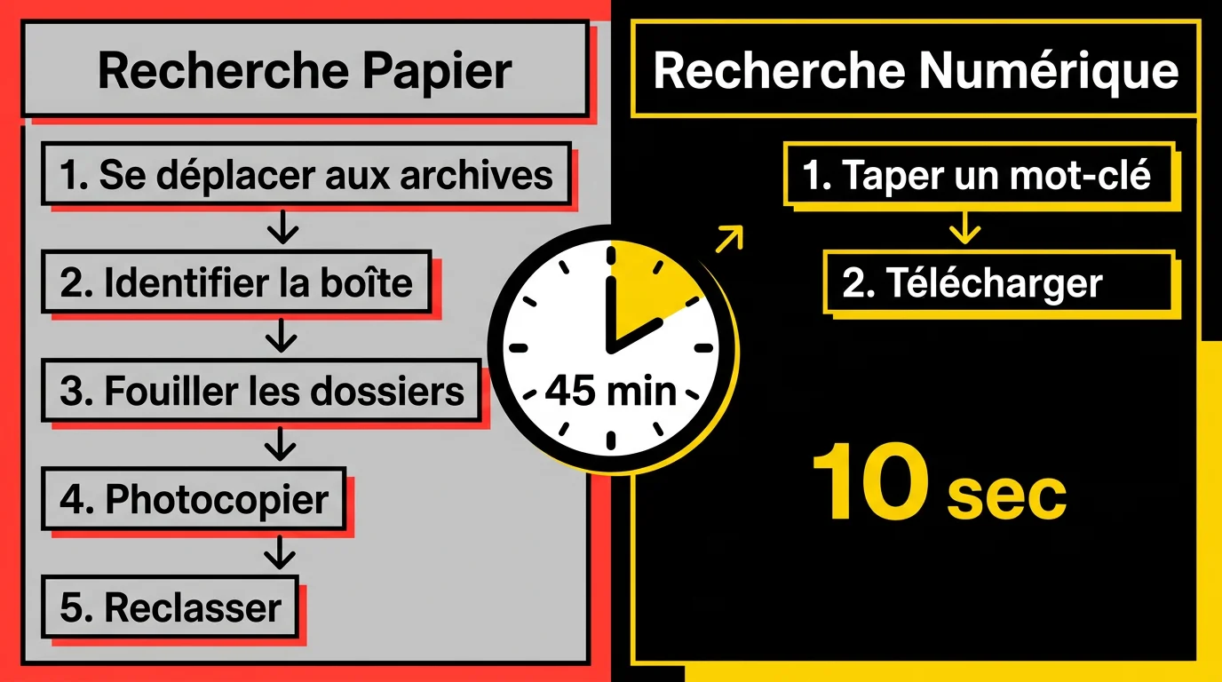 Infographie comparative des étapes de recherche documentaire : processus papier en 5 étapes vs numérique en 2 étapes