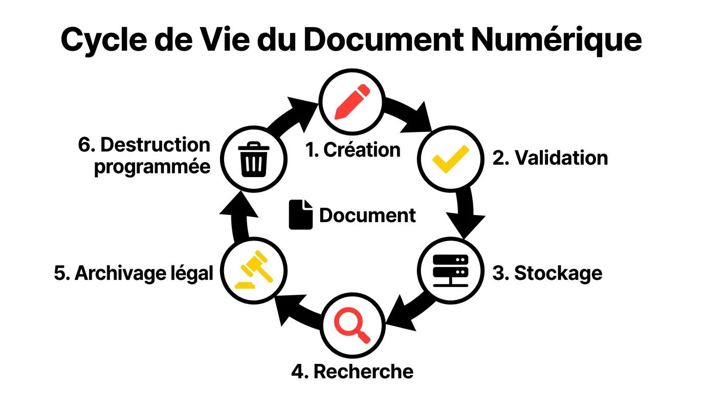 Diagramme circulaire du cycle de vie d'un document numérique en 6 étapes de la création à la destruction