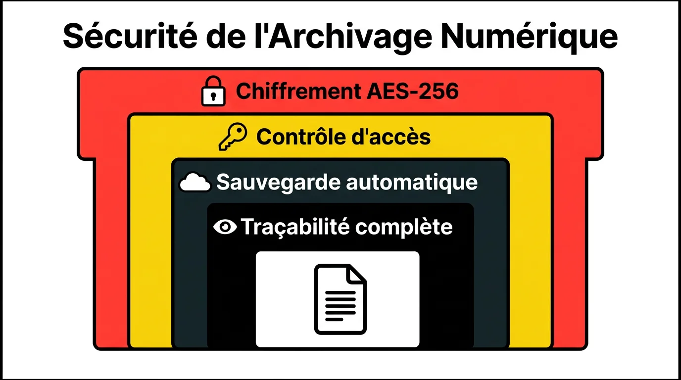 Schéma des couches de sécurité de l'archivage numérique : chiffrement, contrôle d'accès, sauvegarde et traçabilité