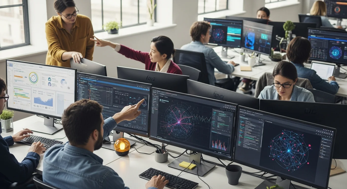 Équipe diversifiée dans un open space moderne utilisant des outils d'intelligence artificielle