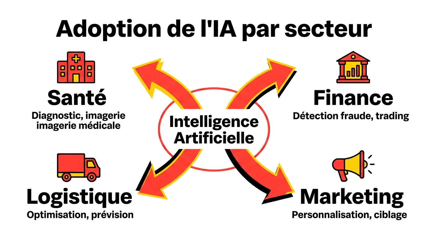 Infographie montrant l'adoption progressive de l'IA dans les secteurs santé, finance, marketing et logistique