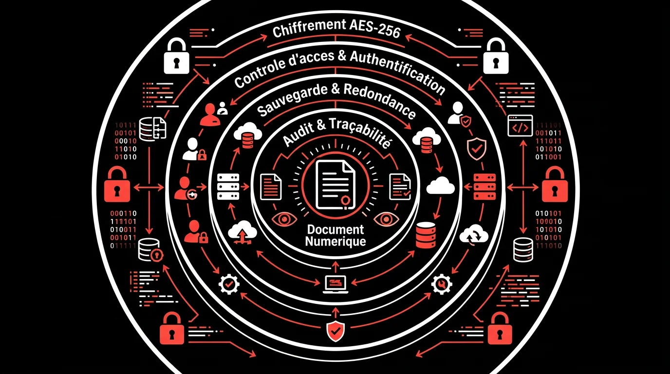 Schéma des couches de sécurité d'un système documentaire : chiffrement, contrôle d'accès, sauvegarde, audit
