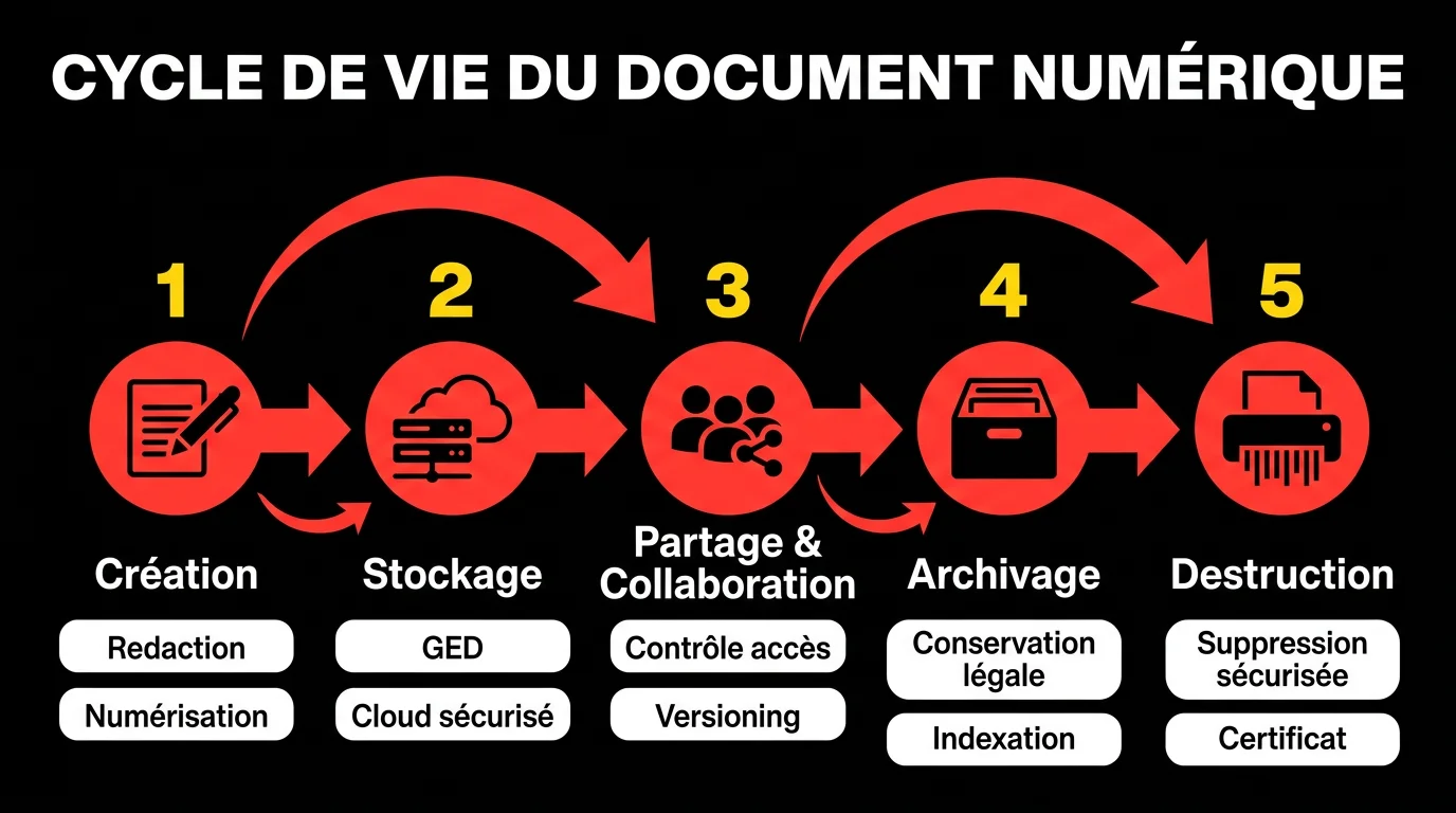 Infographie du cycle de vie d'un document numérique en entreprise : création, stockage, partage, archivage, destruction