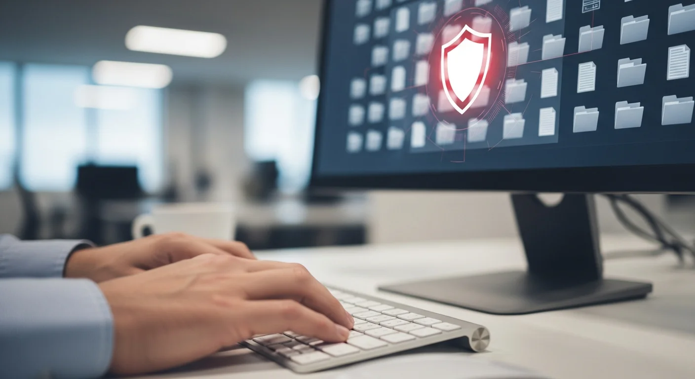 Mains sur clavier avec écran montrant des fichiers numériques organisés et un bouclier de sécurité