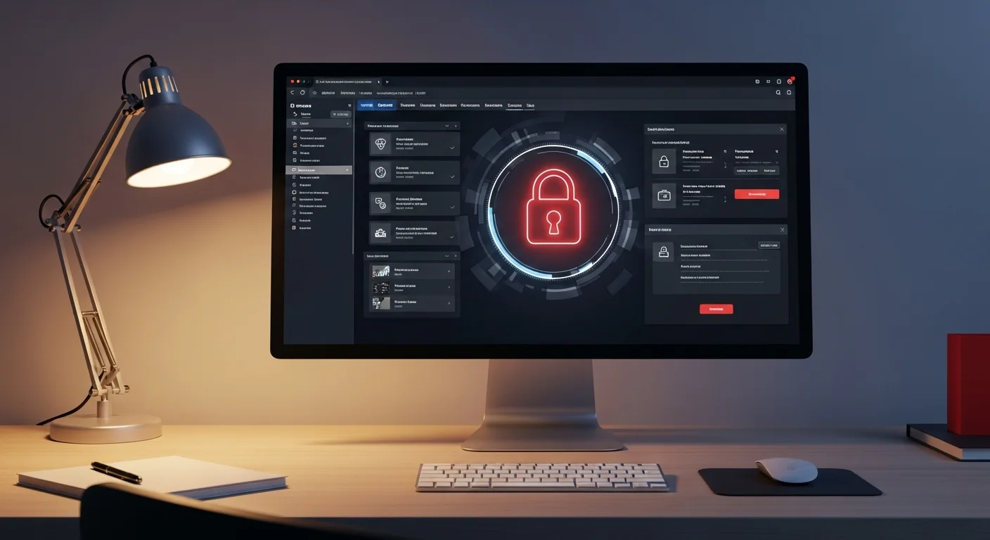 Bureau professionnel avec écran affichant un système de gestion documentaire sécurisé