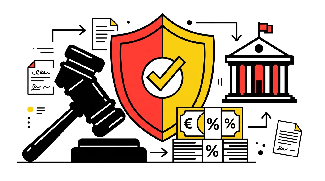 Illustration des aspects juridiques et fiscaux de la vente d'entreprise avec marteau, billets et bâtiment officiel