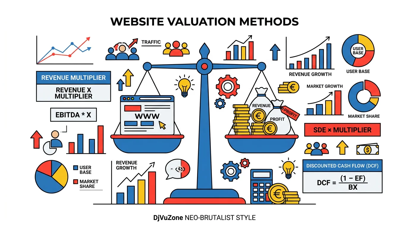 Illustration des méthodes de valorisation d'un site web avec balance, pièces et graphiques financiers