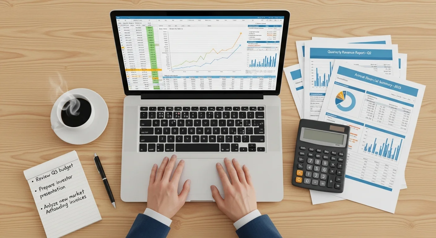 Bureau avec ordinateur portable affichant des tableurs financiers, calculatrice et documents de due diligence