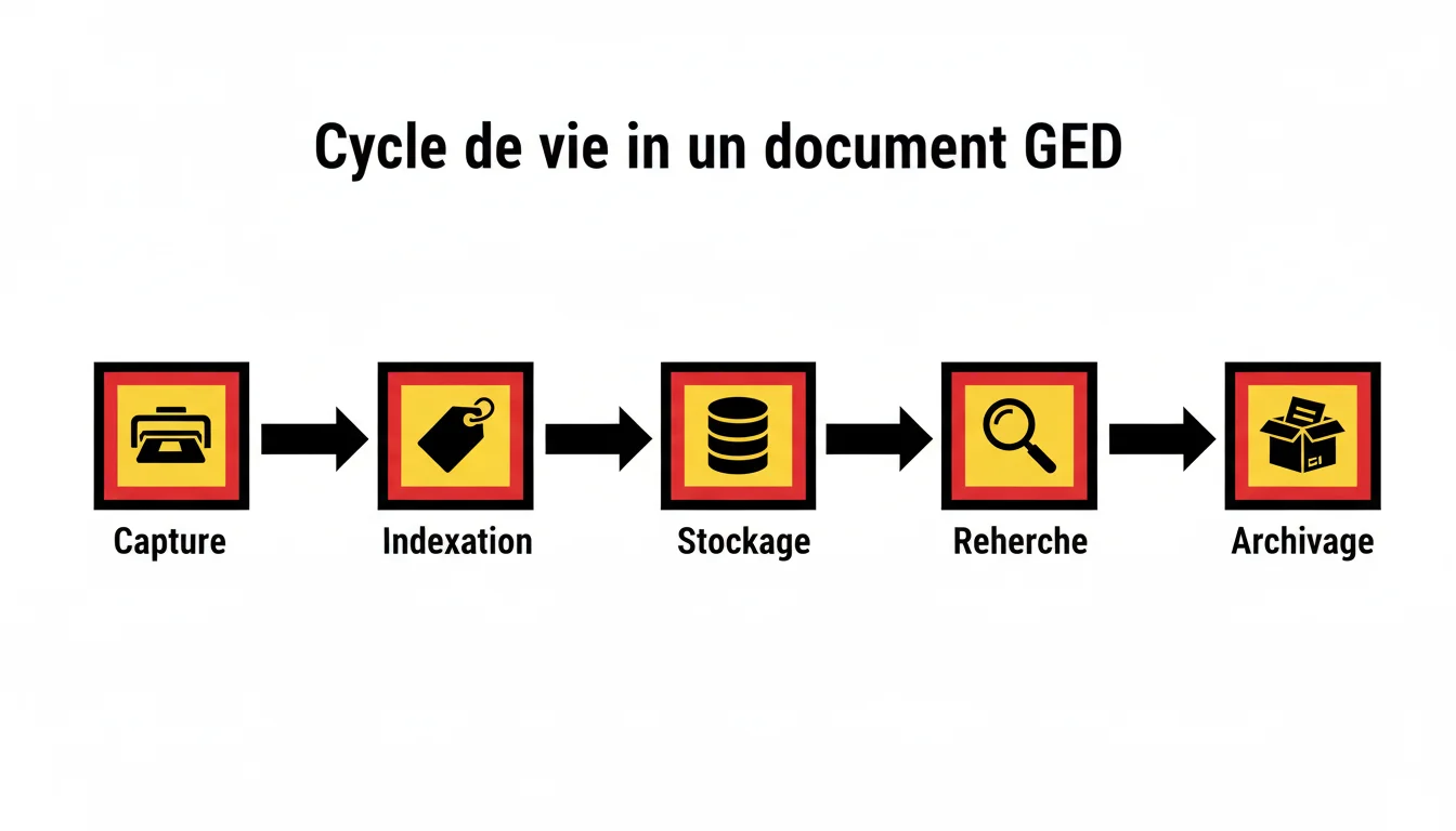Schéma du cycle de vie d'un document GED : capture, indexation, stockage, recherche, archivage