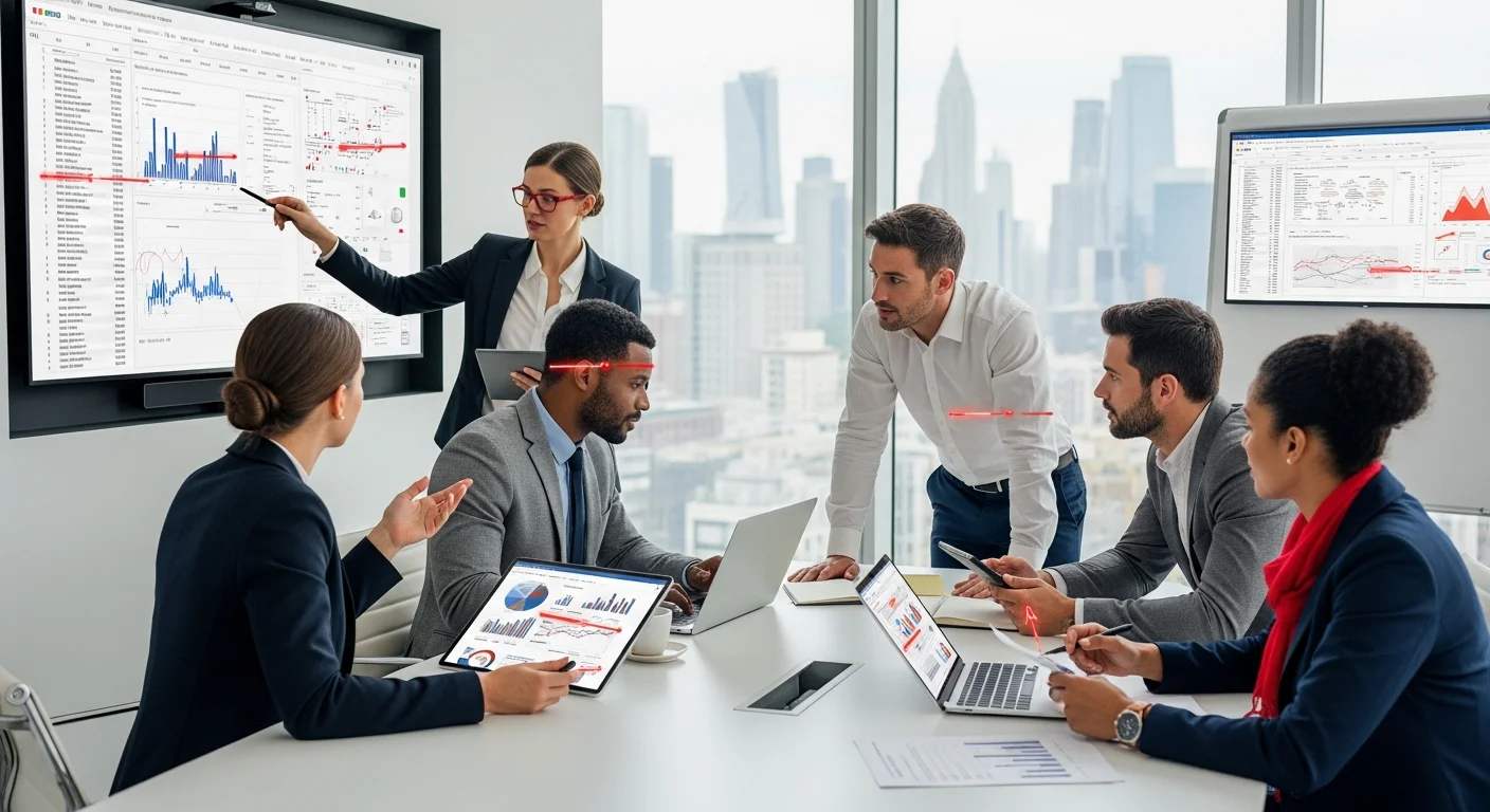Équipe de professionnels collaborant autour d'une table avec tablettes et documents numériques