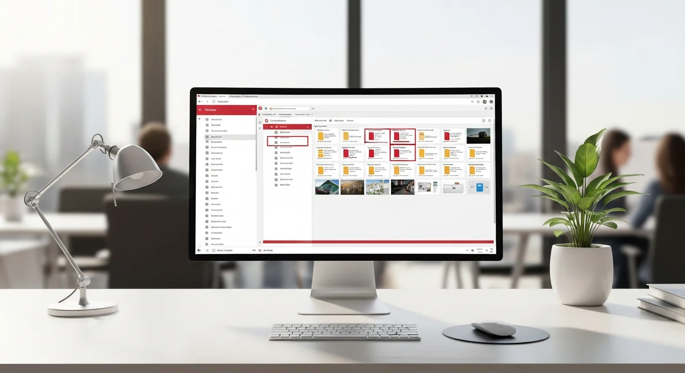 Écran d'ordinateur affichant un logiciel de gestion électronique de documents sur un bureau professionnel moderne