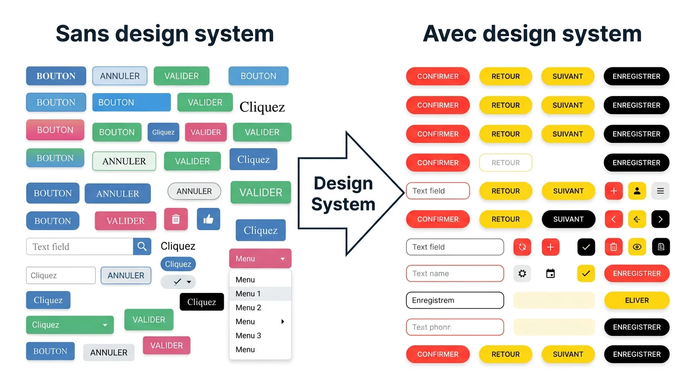 Schéma avant/après montrant des composants UI dispersés vs harmonisés par un design system
