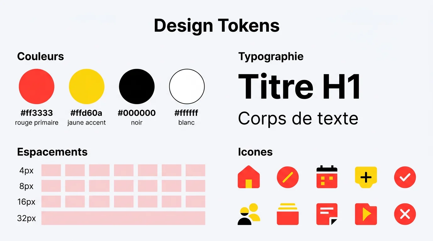 Infographie des design tokens : palette de couleurs avec codes hex, échantillons typographiques et grille d'espacements