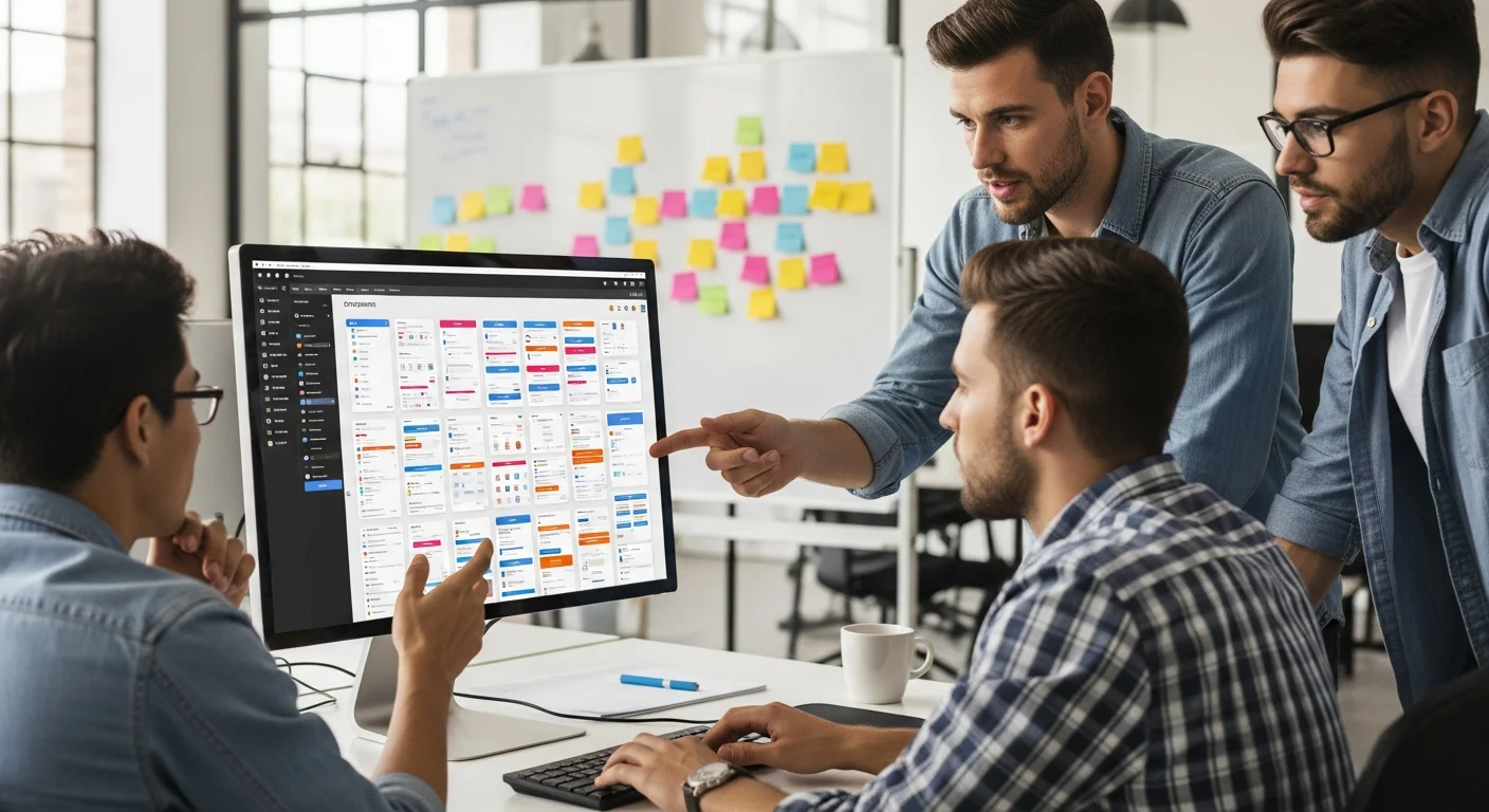 Équipe de designers et développeurs collaborant autour d'un écran affichant une bibliothèque de composants UI