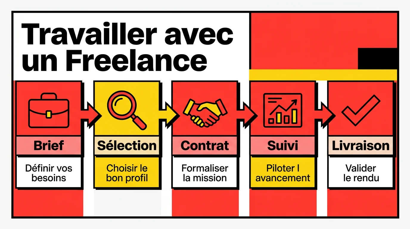 Infographie en 5 étapes pour collaborer avec un freelance : Brief, Sélection, Contrat, Suivi, Livraison