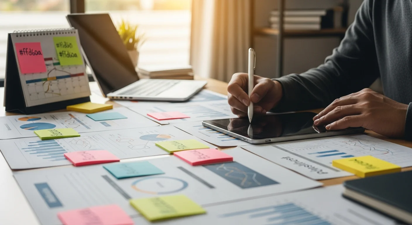 Mains écrivant un cahier des charges sur tablette, documents de projet et post-its sur un bureau