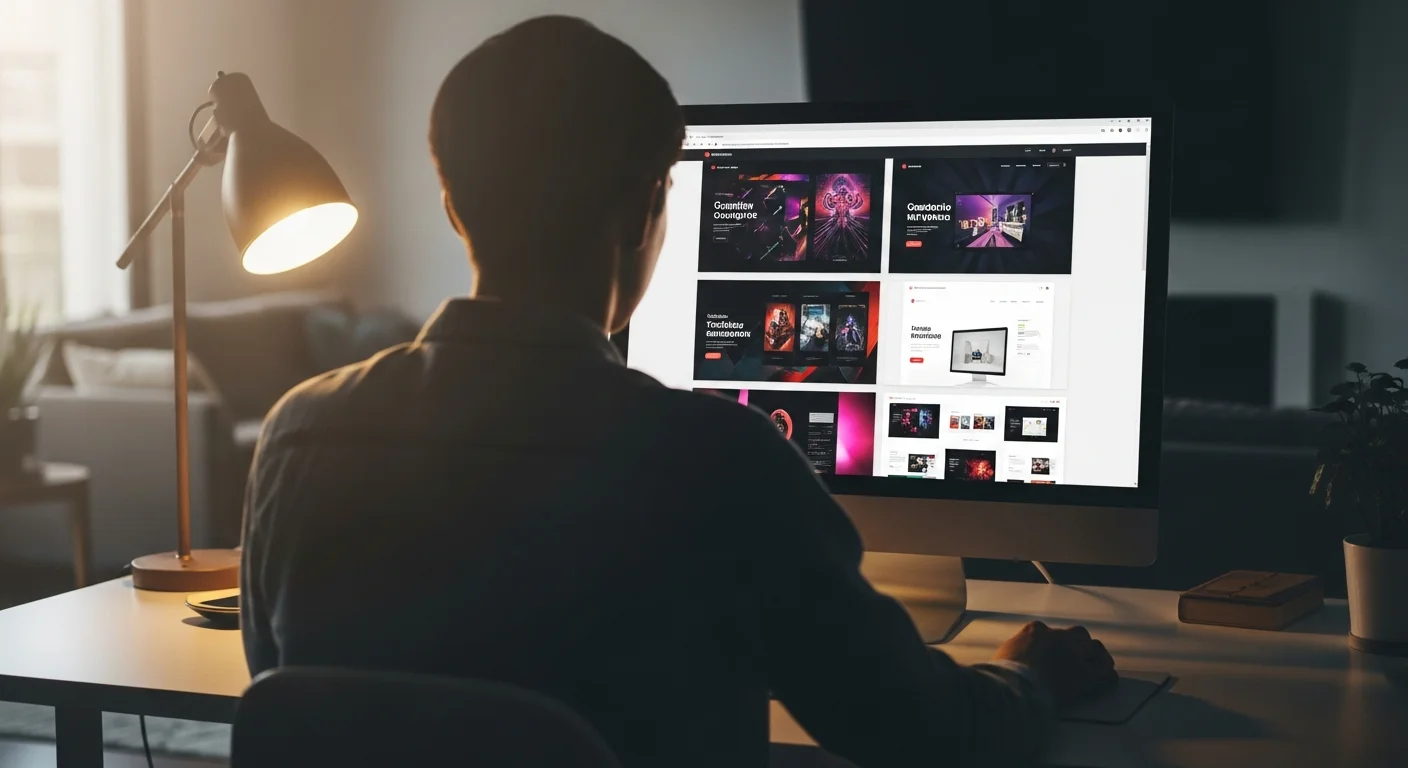 Personne de dos évaluant un portfolio en ligne sur grand écran d'ordinateur