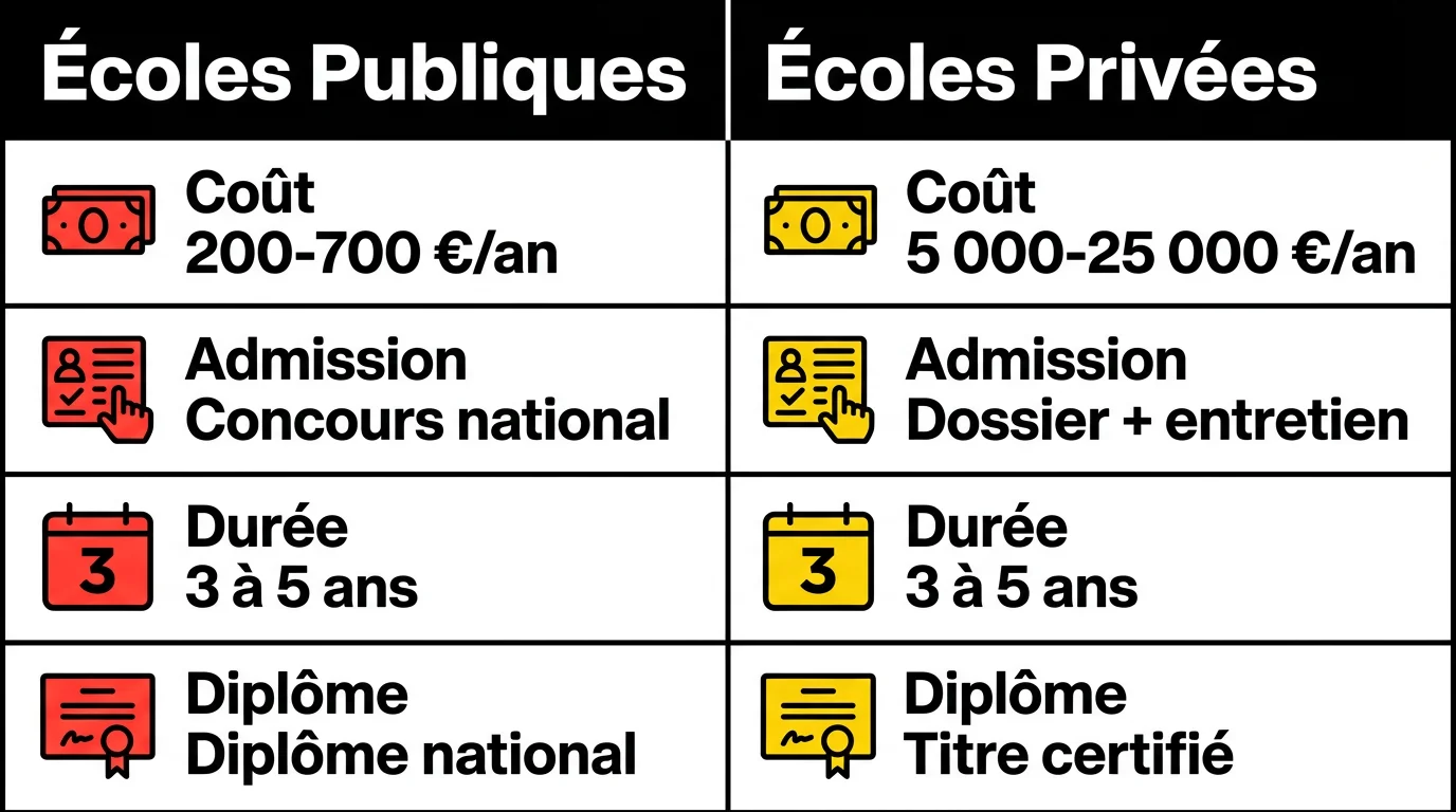 Comparatif écoles de design publiques et privées : coût, admission, durée et diplôme