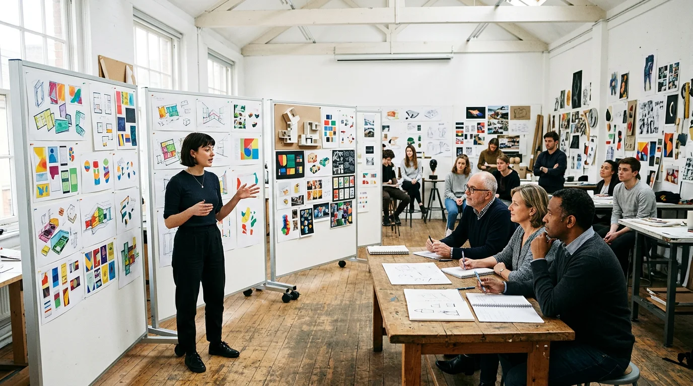Salle de cours d'une école de design avec des étudiants présentant leurs projets devant un jury