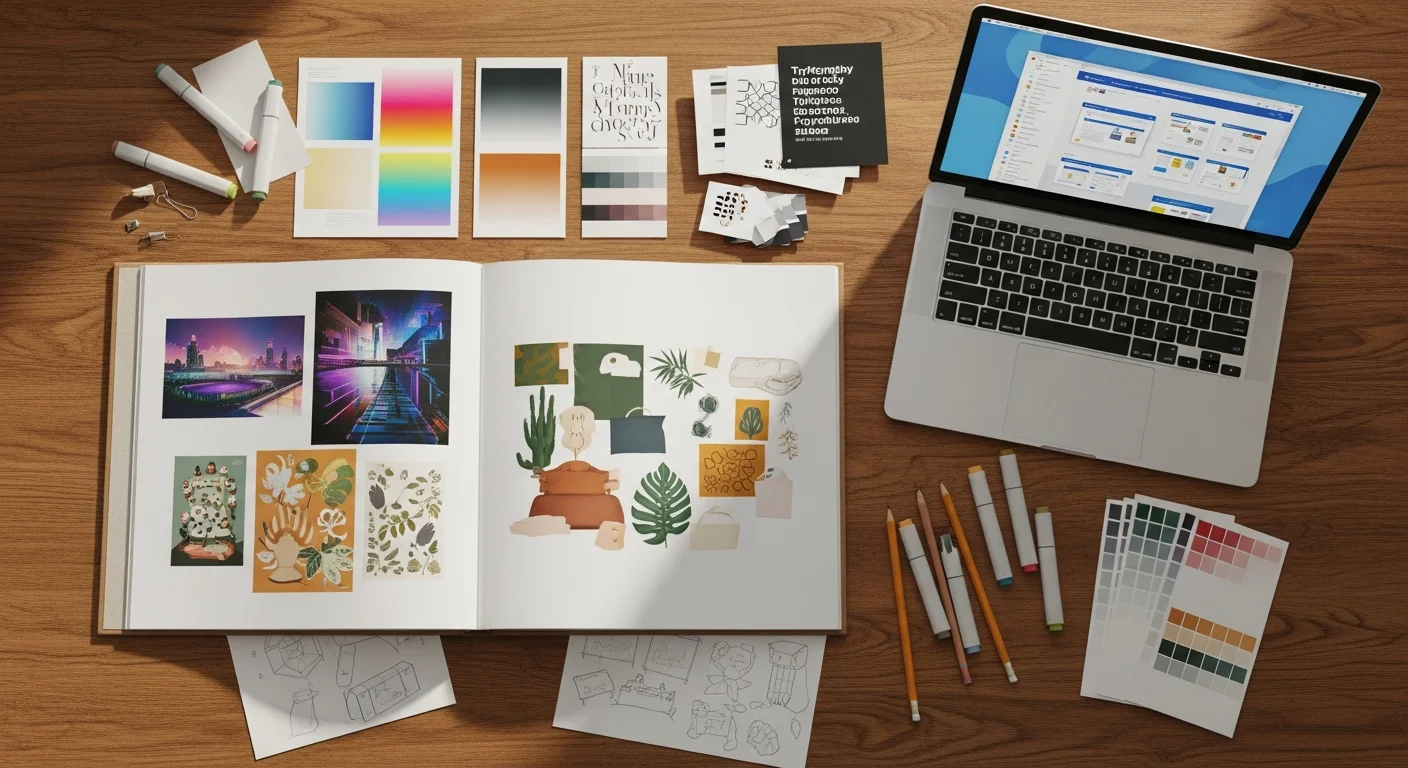 Portfolio de design ouvert sur une table avec planches graphiques et maquettes UX sur ordinateur portable