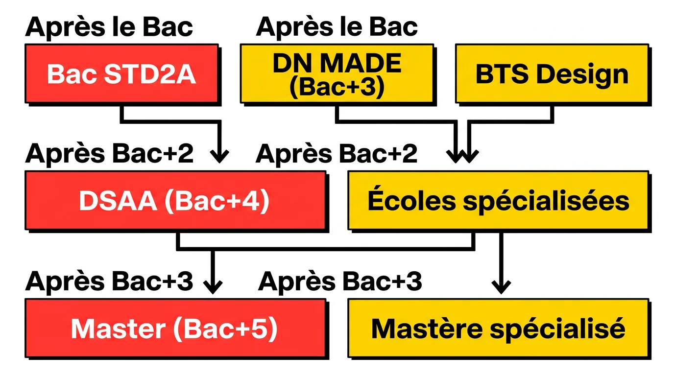 Schéma des parcours d'études pour devenir designer, du bac au bac+5