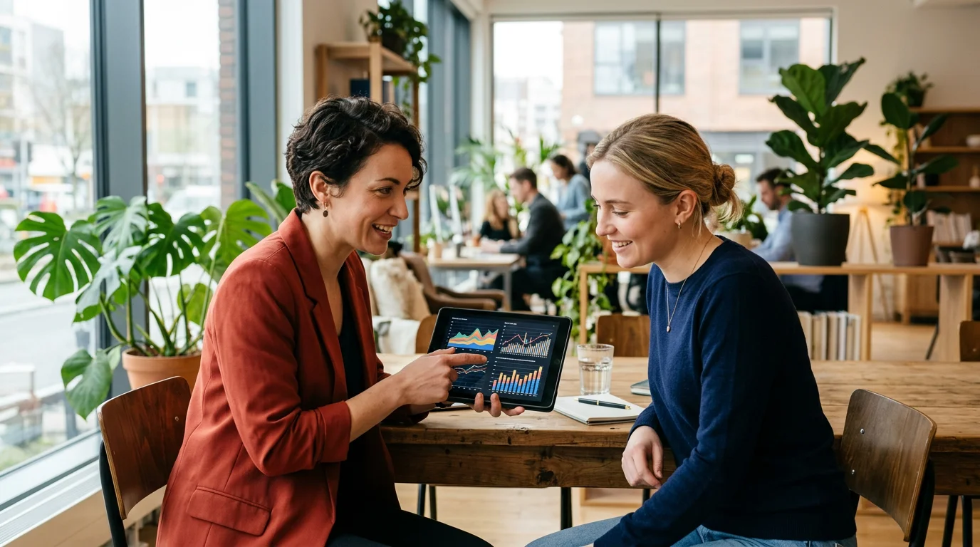 Deux collegues en discussion dans un espace de coworking, l'un presentant un graphique sur une tablette