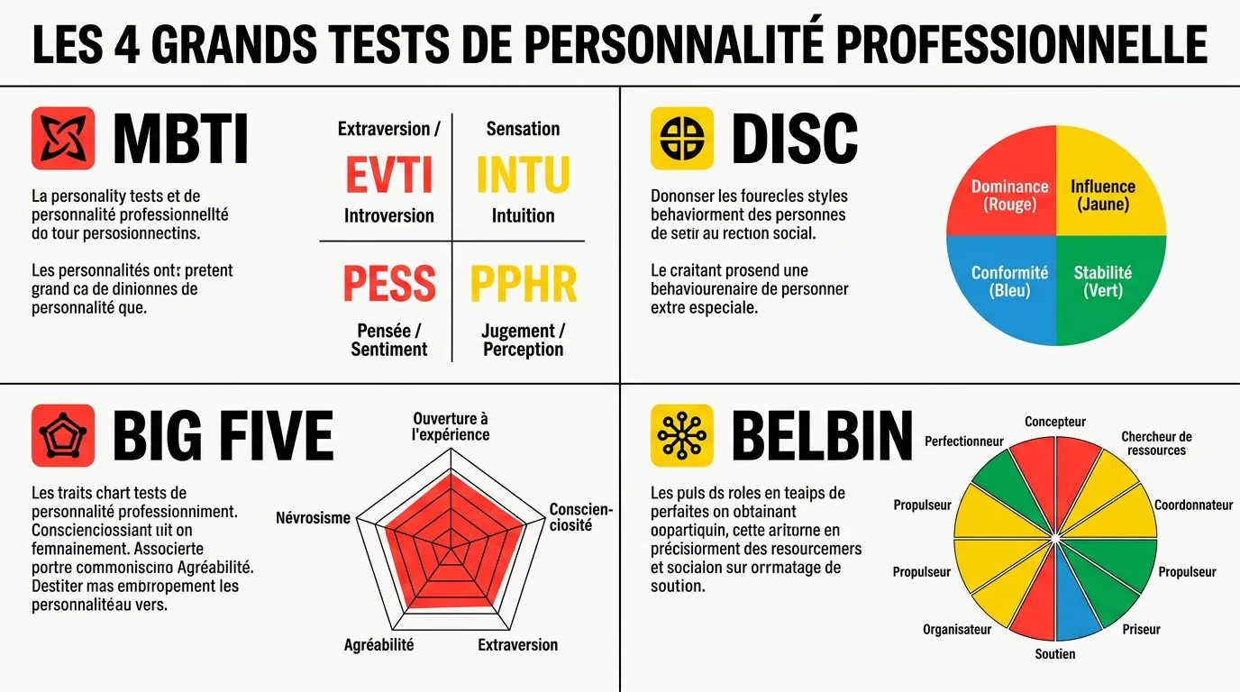 Infographie comparative des 4 grands tests de personnalite professionnelle : MBTI, DISC, Big Five et Belbin