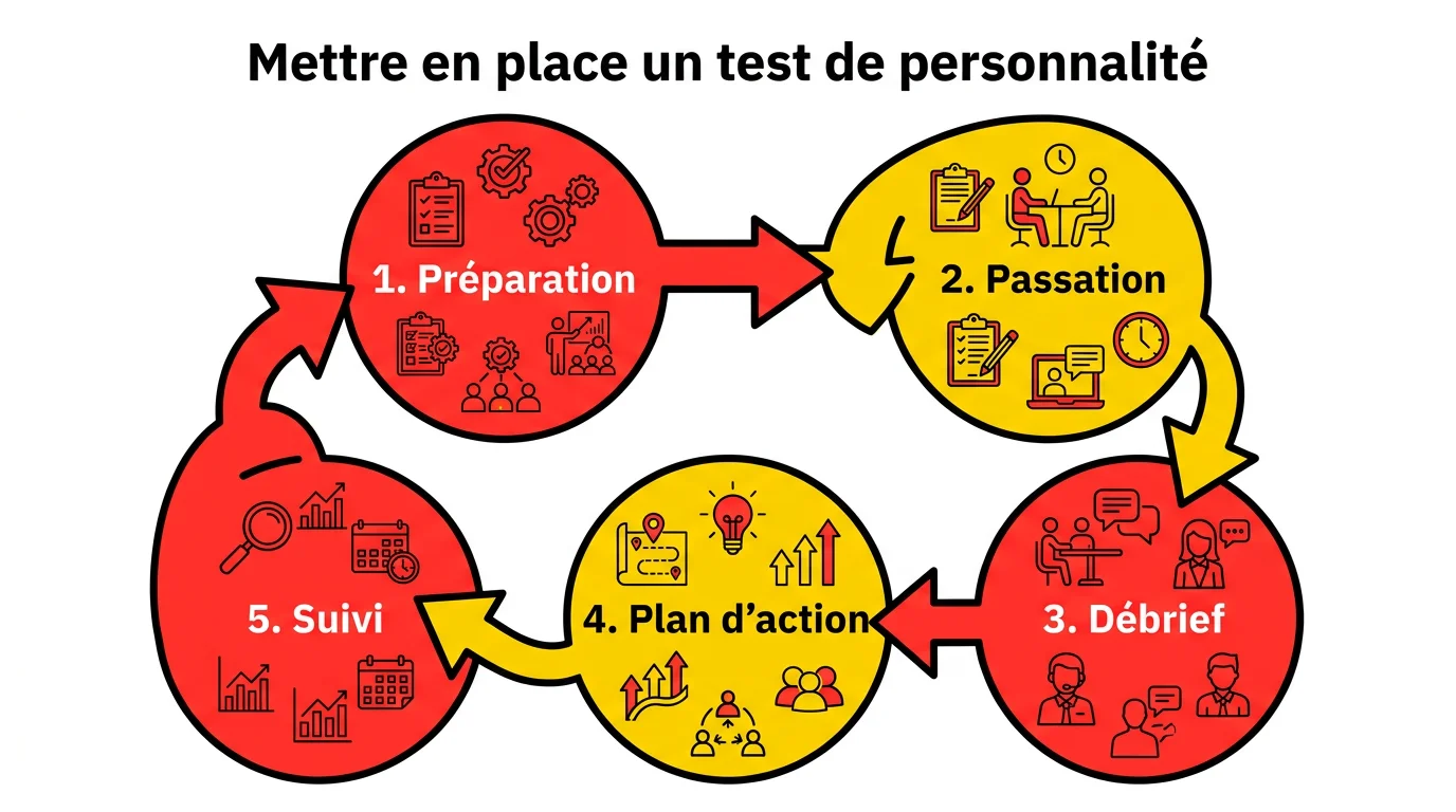 Diagramme circulaire en 5 etapes pour mettre en place un test de personnalite en entreprise