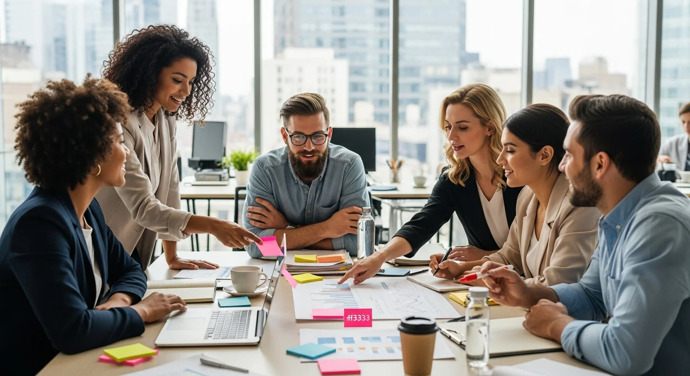 Equipe de professionnels divers collaborant autour d'une table de reunion avec post-its et documents