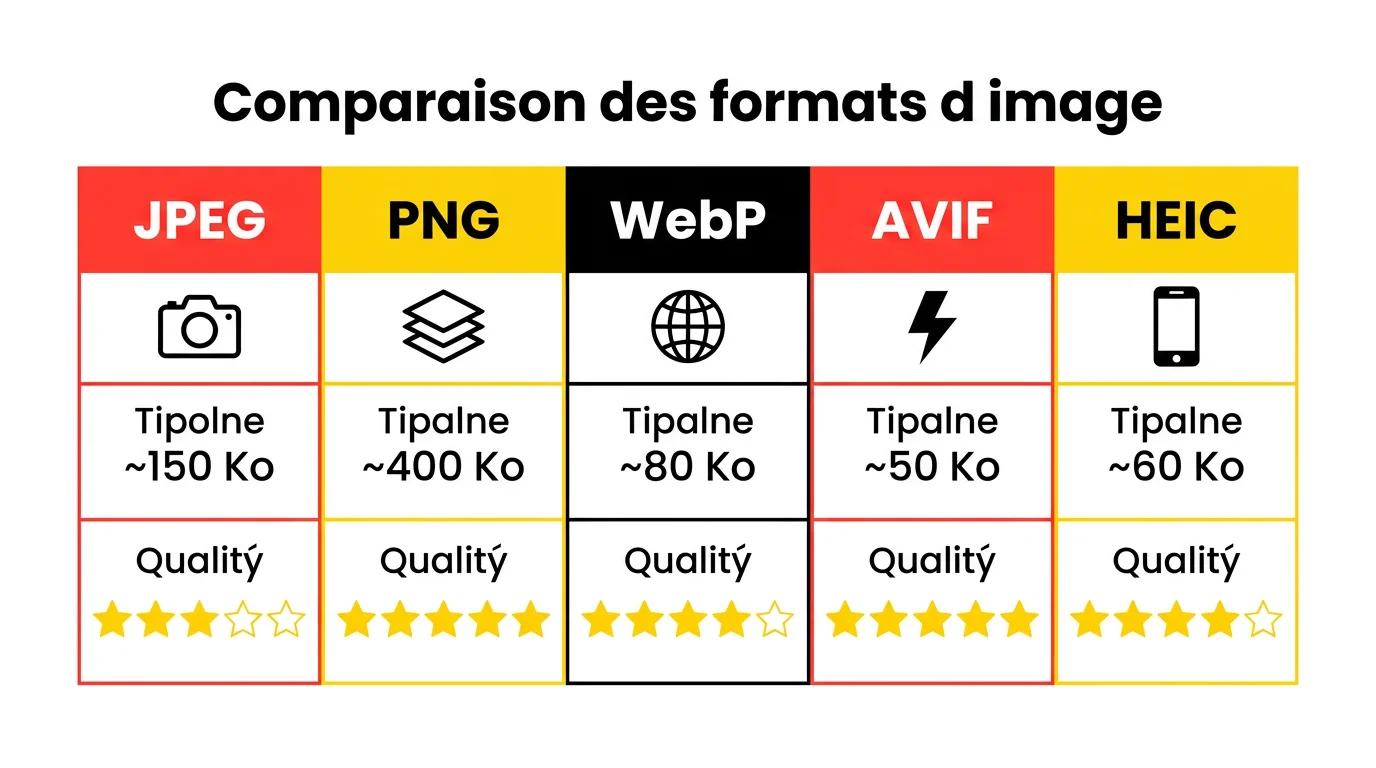 Tableau comparatif des 5 formats d'image JPEG PNG WebP AVIF et HEIC avec tailles typiques