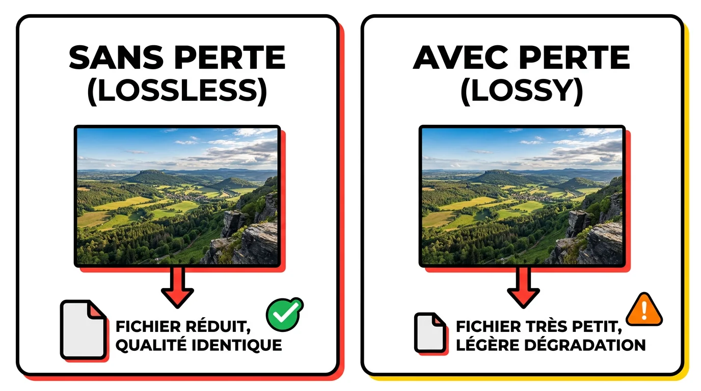 Infographie comparant la compression sans perte et avec perte avec flèches et tailles de fichier