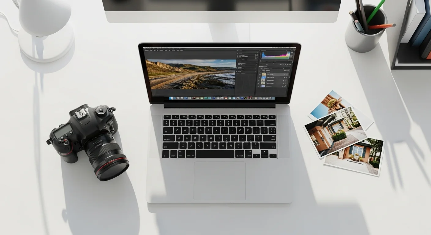Bureau en plongée avec laptop affichant un logiciel de retouche photo et appareil reflex