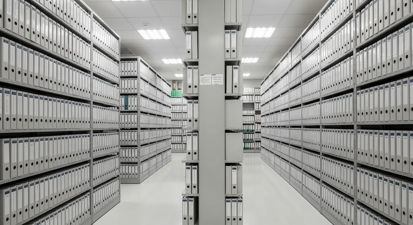 Salle d'archives professionnelle avec rangées de classeurs bien organisés sur des étagères métalliques