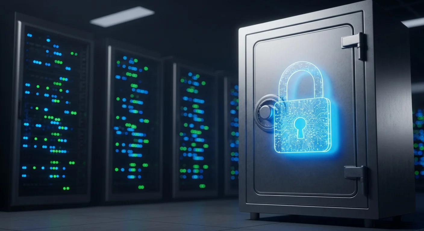 Coffre-fort numérique sécurisé avec cadenas digital et serveurs en arrière-plan