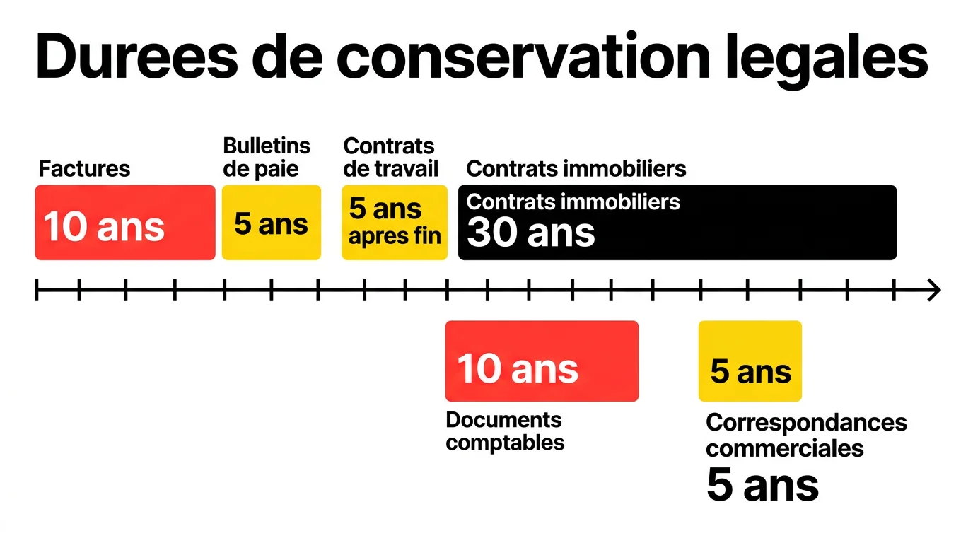 Infographie timeline des durées de conservation légales par type de document