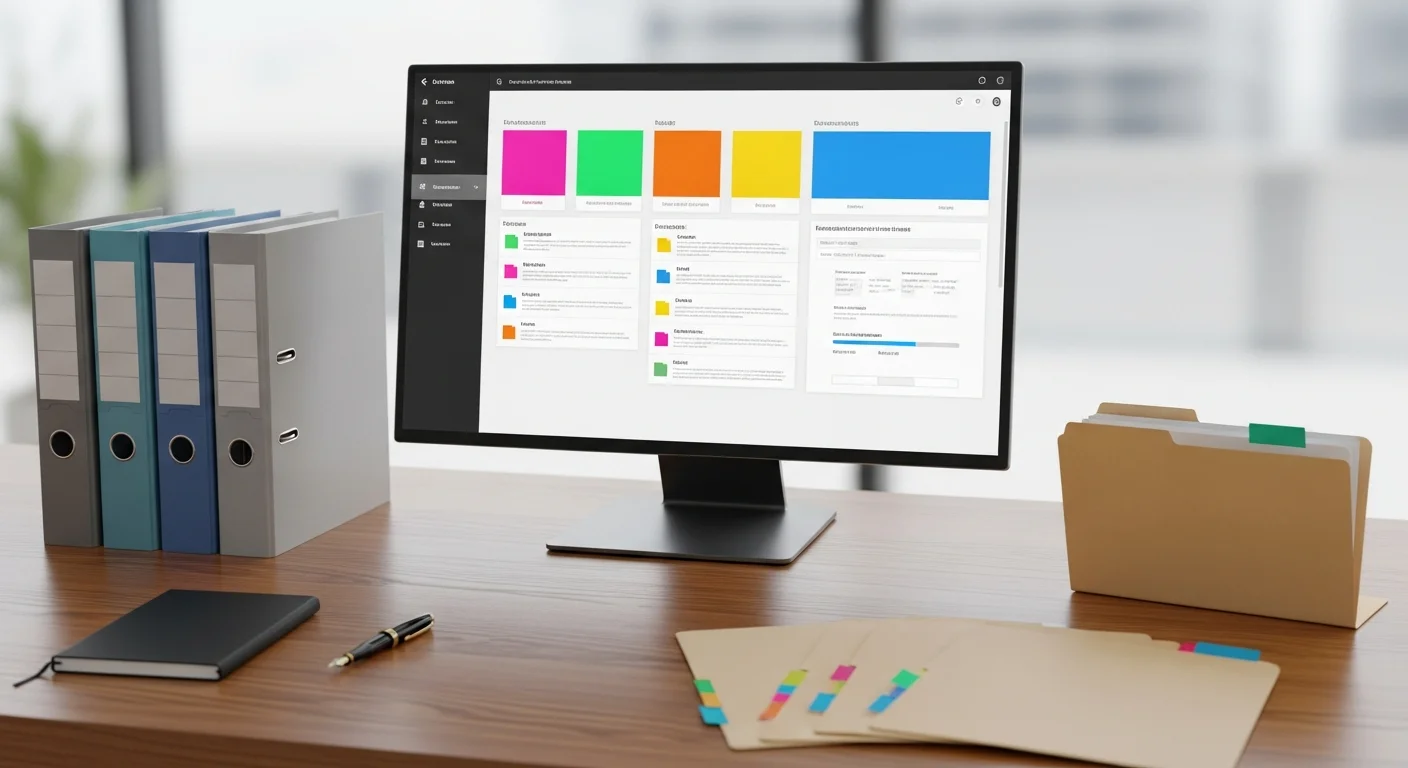 Bureau professionnel avec écran affichant un tableau de bord de gestion documentaire et dossiers physiques
