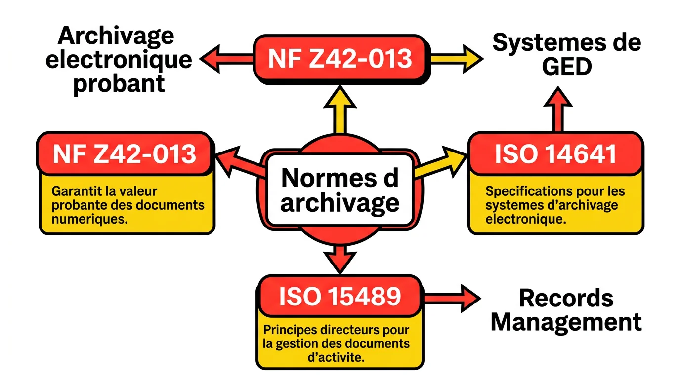 Schéma des normes d'archivage NF Z42-013, ISO 14641 et ISO 15489 avec leurs domaines d'application