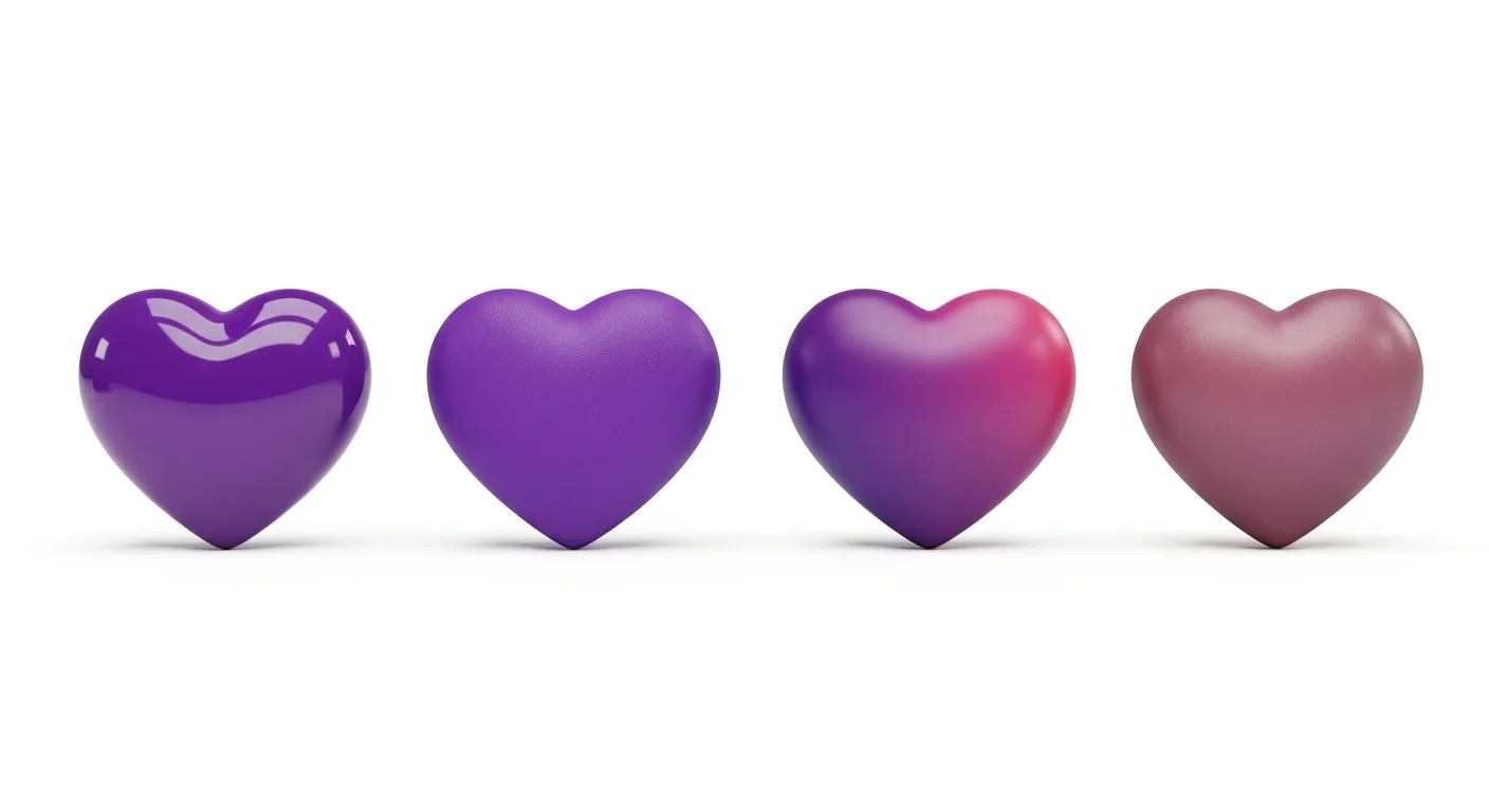 Quatre variantes du cœur violet illustrant les différences de rendu entre iOS, Android et Samsung