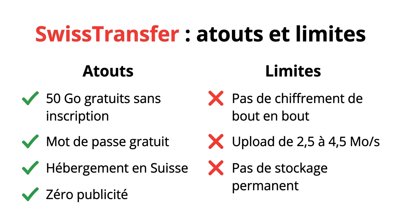 Infographie des atouts et limites de SwissTransfer : 50 Go gratuits, mot de passe, hébergement suisse, zéro publicité, mais pas de chiffrement de bout en bout et débit d'upload limité