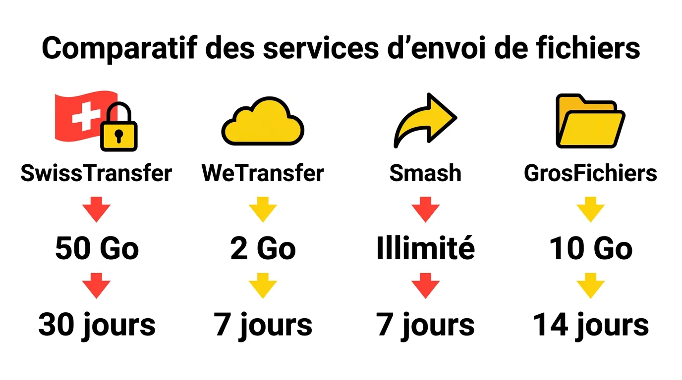 Comparatif des services d'envoi de fichiers : SwissTransfer 50 Go et 30 jours, WeTransfer 2 Go et 7 jours, Smash illimité et 7 jours, GrosFichiers 10 Go et 14 jours