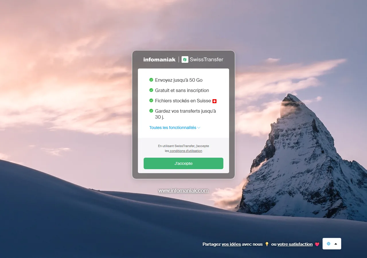 Interface d'accueil de SwissTransfer : envoi gratuit jusqu'à 50 Go, fichiers stockés en Suisse