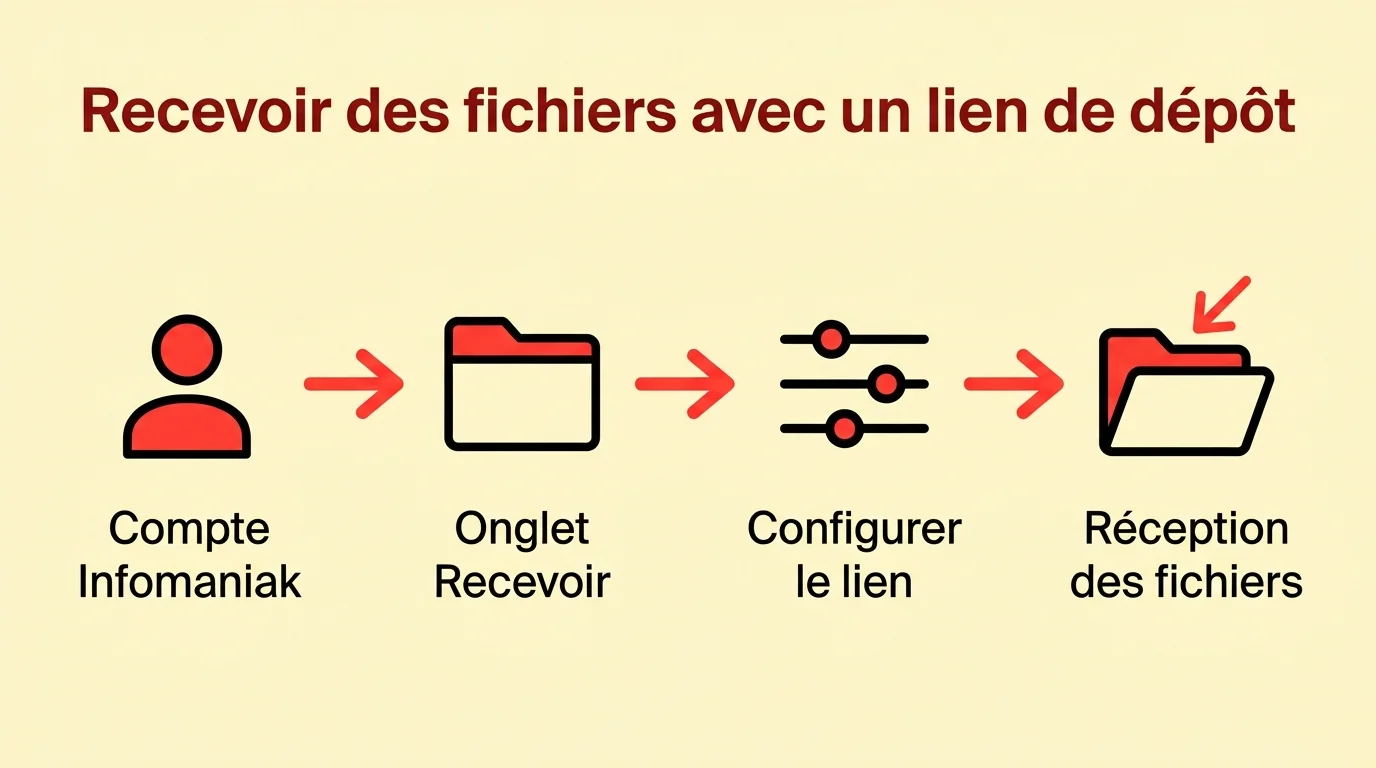 Schéma en 4 étapes pour recevoir des fichiers via un lien de dépôt SwissTransfer : compte Infomaniak, onglet recevoir, configuration du lien, réception des fichiers