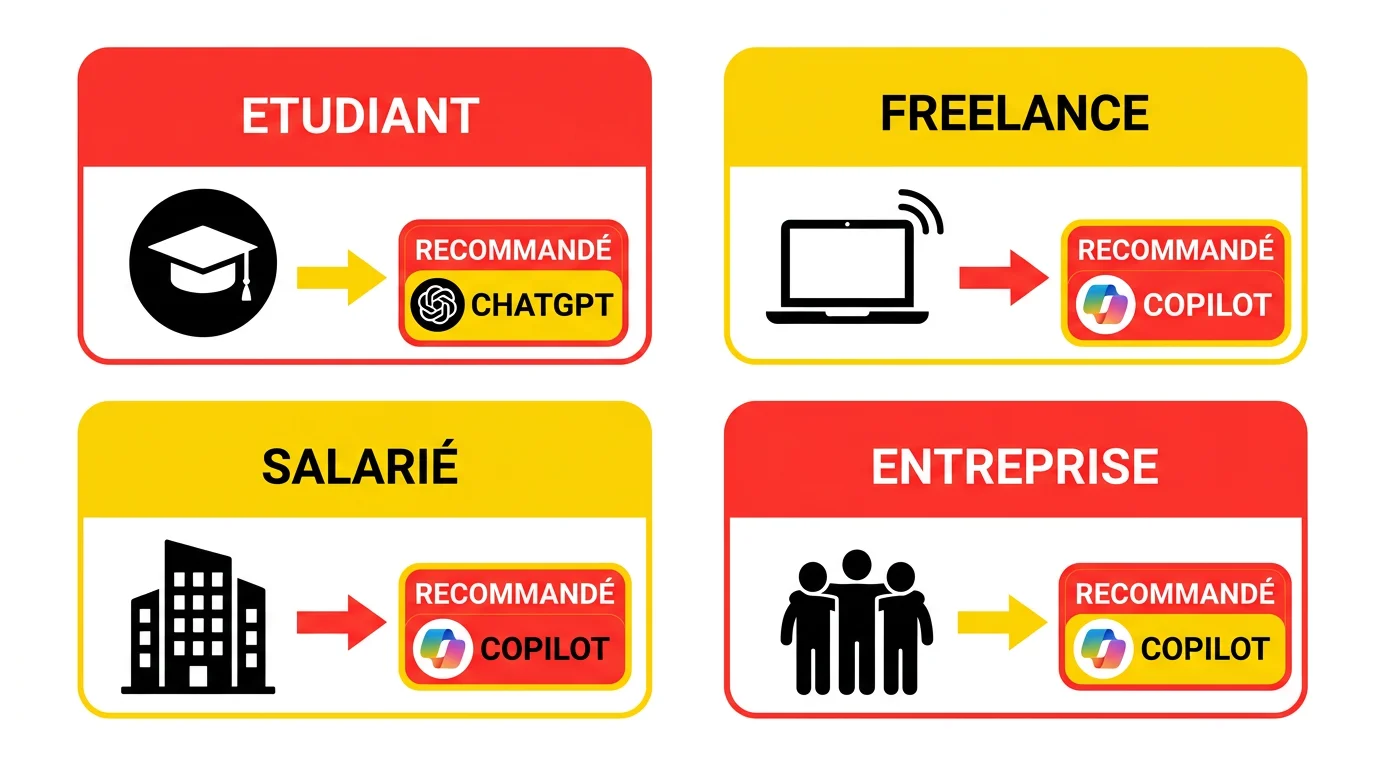 Schema des profils utilisateurs : quelle IA choisir selon son profil etudiant, freelance, salarie, entreprise
