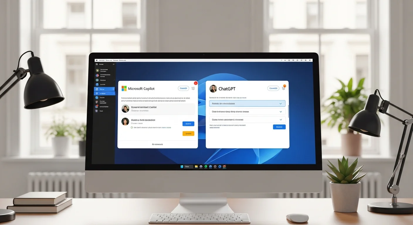 Comparatif Copilot vs ChatGPT : deux interfaces IA cote a cote sur un ecran d'ordinateur