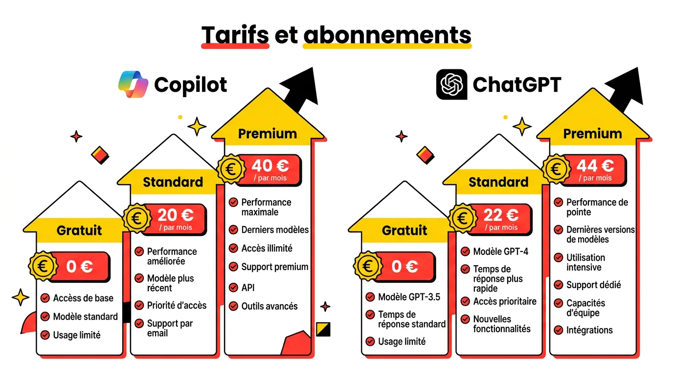 Infographie tarifs Copilot vs ChatGPT : plans Gratuit, Standard et Premium avec prix en euros