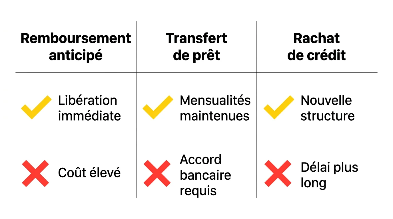 Tableau comparatif des 3 options de désolidarisation : remboursement anticipé, transfert de prêt, rachat de crédit